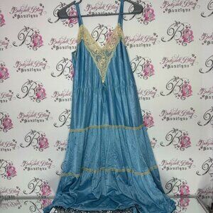 Dress vintage tiered ruffle frilly hem lace blue cream dual straps shiny long